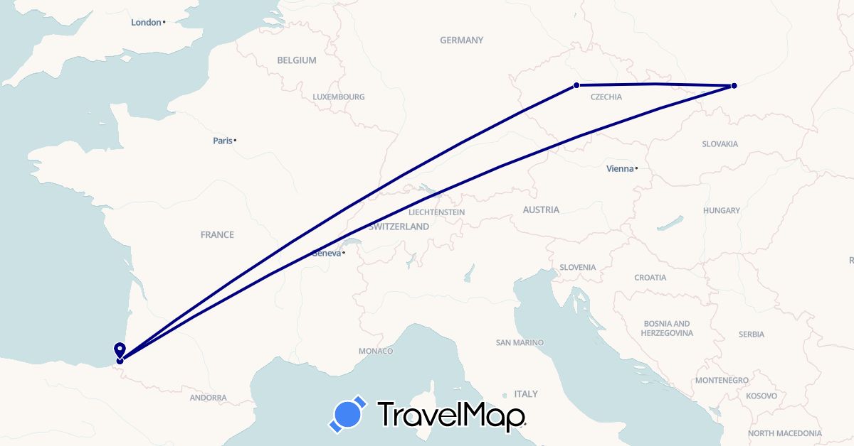 TravelMap itinerary: driving in Czech Republic, France, Poland (Europe)